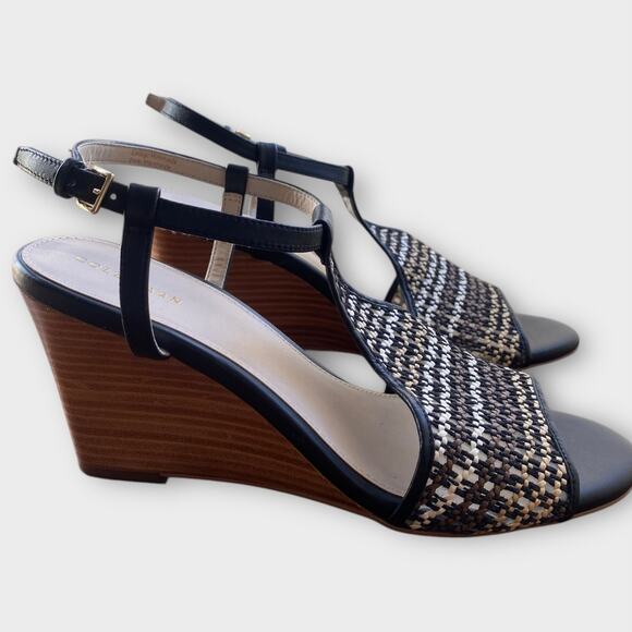 Cole Haan Maddie Open Toe Wedge Sandal US 9 Black Brown Woven Boho Chic Neutral - Picture 9 of 11